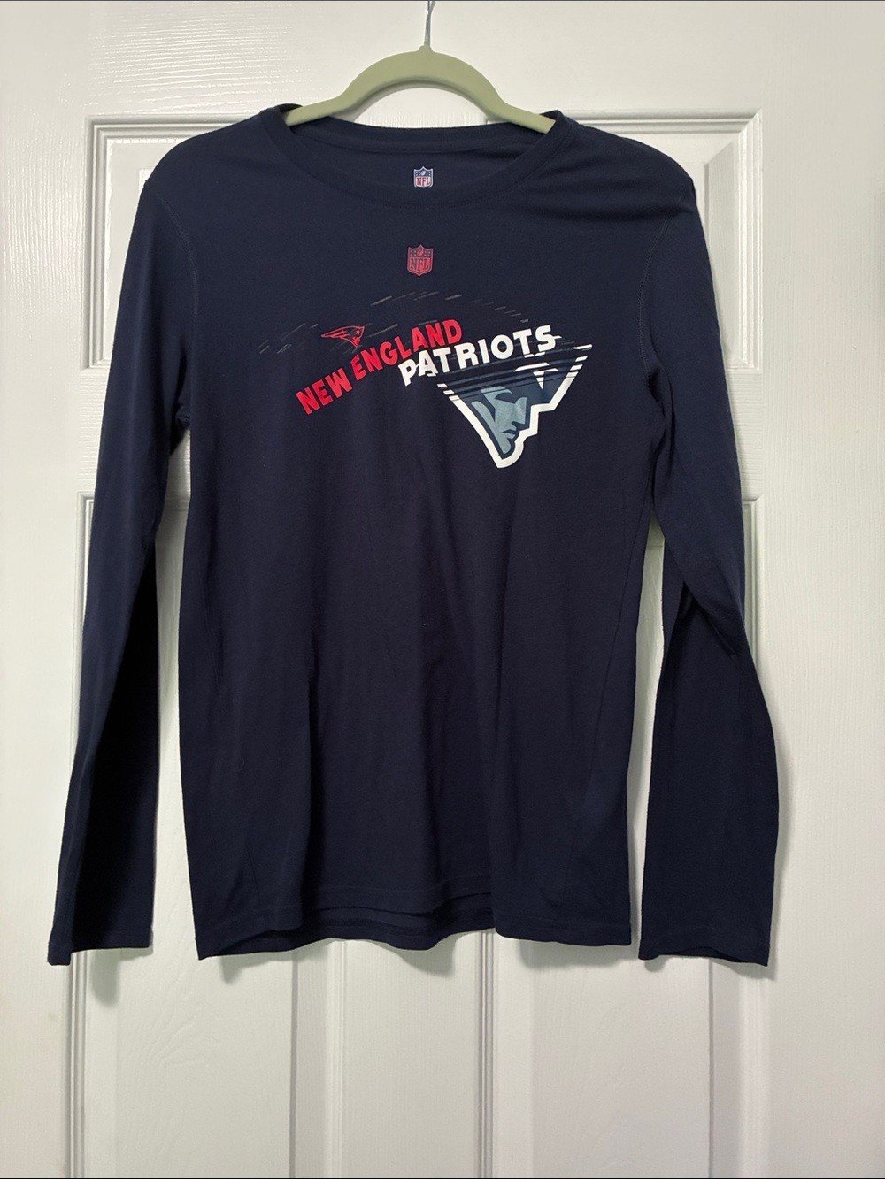 NFL New England Patriots Navy Long Sleeve Tee with Red & White Graphics
